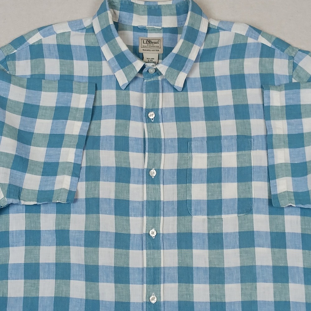 LL Bean Mens XL Short Sleeve Linen Buffalo Check Plaid Button Down Shirt - Blue